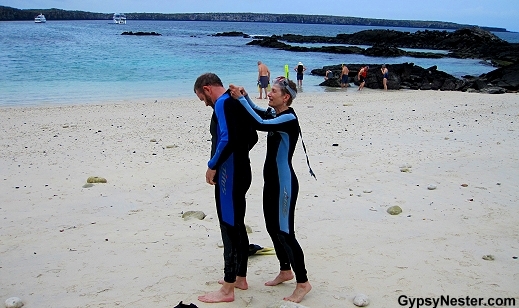 Gearing up for snorkeling on Genovesa Island in the Galapagos