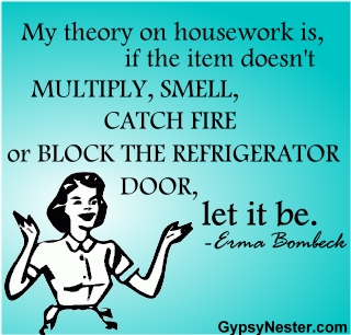 My theory on housework is, if the item doesn't multiply, smell, catch fire, or block the refrigerator door, let it be. Erma Bombeck