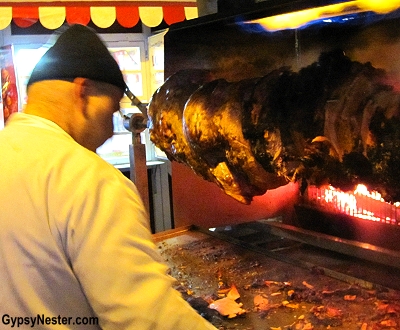 Spinning hams at the Christmas Market in Bratislava, Slovakia