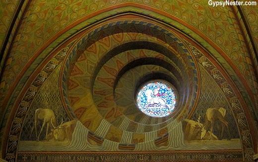 A wonky window inside Matthias Church serves as the second most important church in Budapest, Hungary