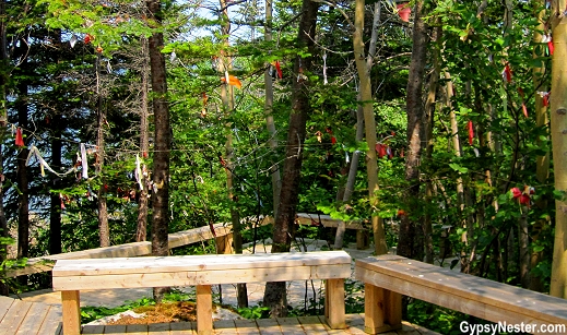 Talismans are hung in the Spirit Garden at Beothuk Interpretation Centre Provincial Historic Site in Newfoundland, Canada