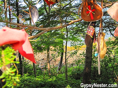 Talismans are hung in the Spirit Garden at Beothuk Interpretation Centre Provincial Historic Site in Newfoundland, Canada